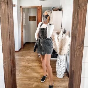 Black Acid Wash Denim Distressed Overall Dress